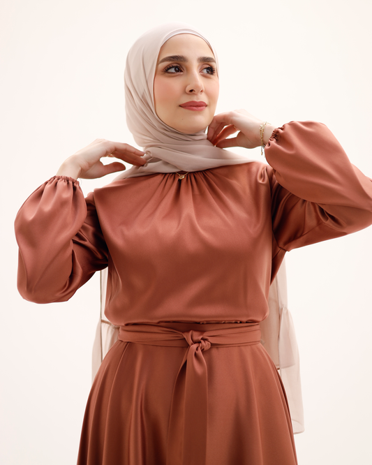 Viola Dream Satin Dress In Camel