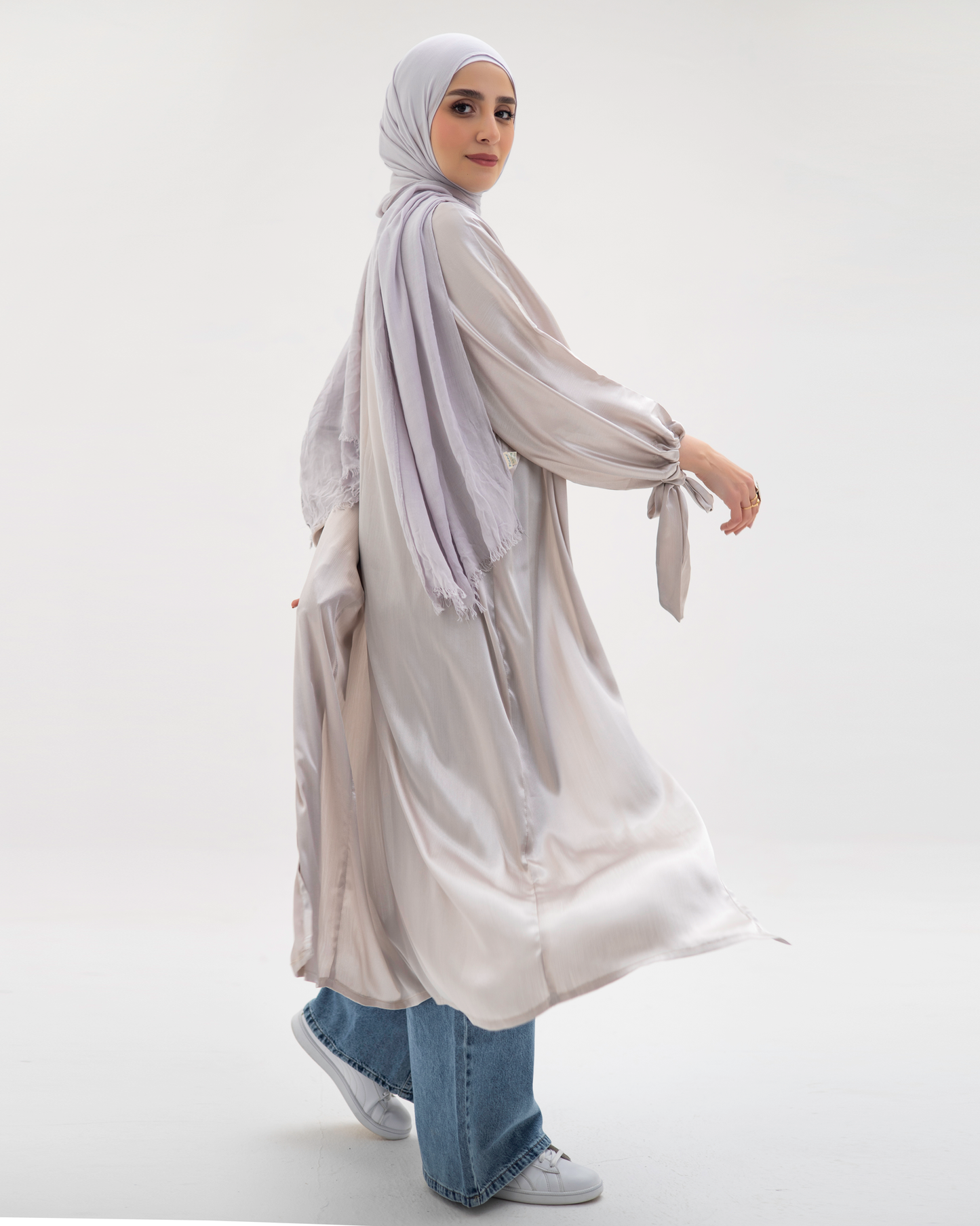 Flowy Satin Cardigan In Greige
