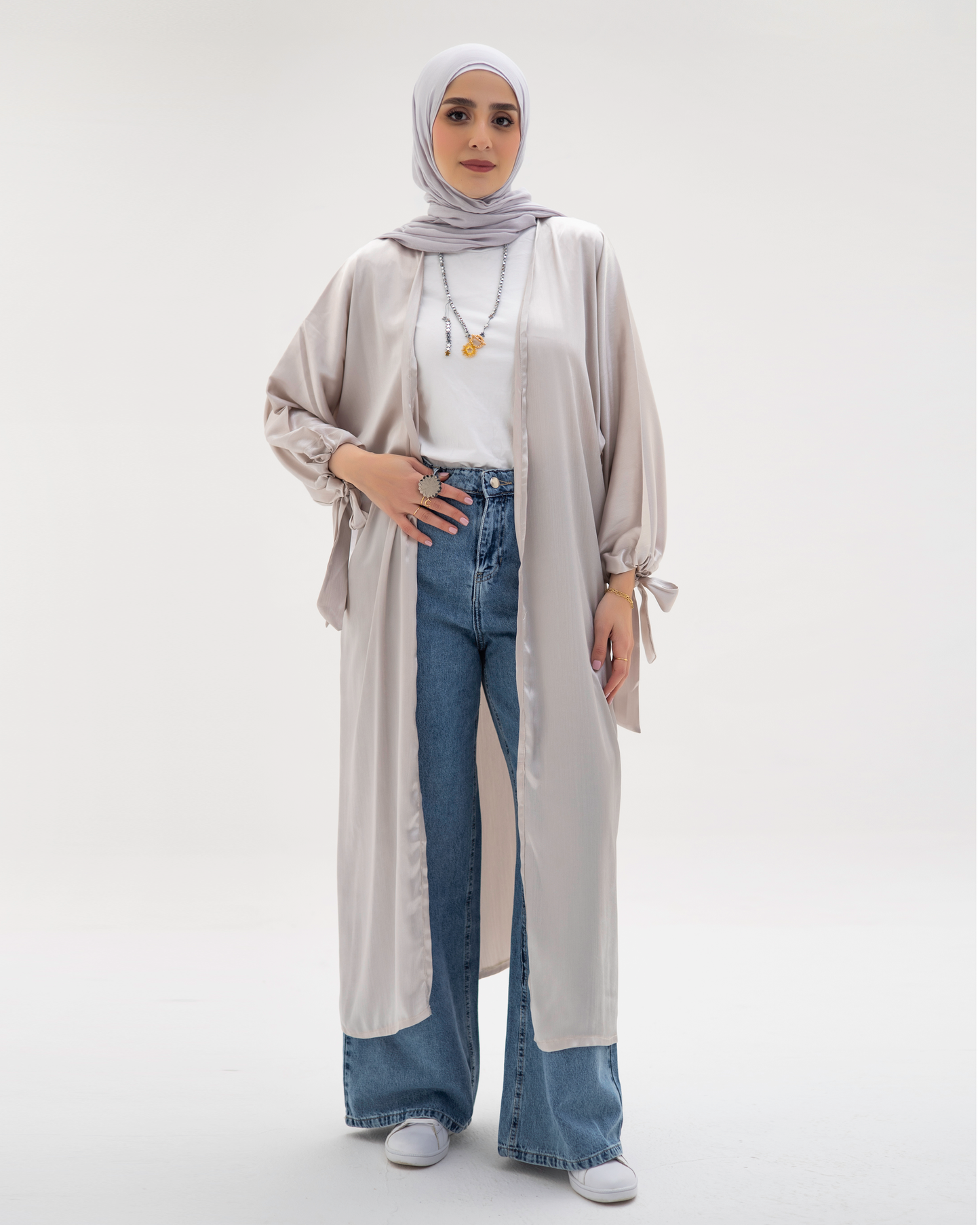 Flowy Satin Cardigan In Greige