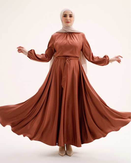 Viola Dream Satin Dress In Camel