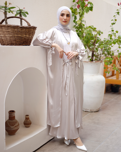 Flowy Satin Cardigan In Greige